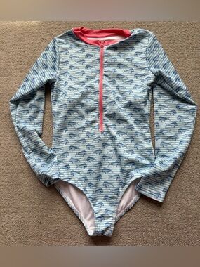 Prodoh Girls' Light Blue Long-Sleeve Rashguard Swimsuit with Pink Zip